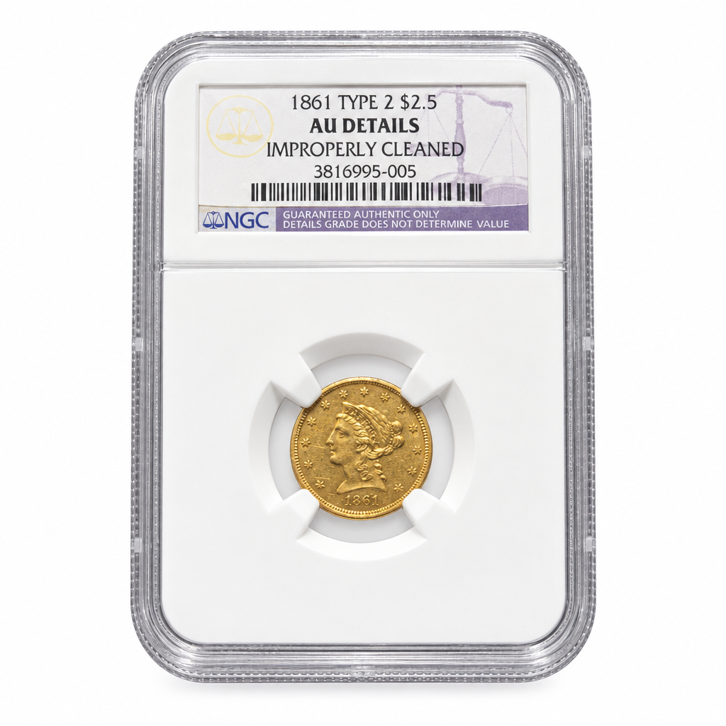 1861 Type 2 Liberty Head Quarter Eagle $2.50 – NGC AU Details (Improperly Cleaned)