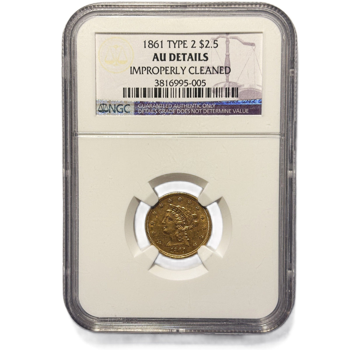 1861 Type 2 Liberty Head Quarter Eagle $2.50 – NGC AU Details (Improperly Cleaned)