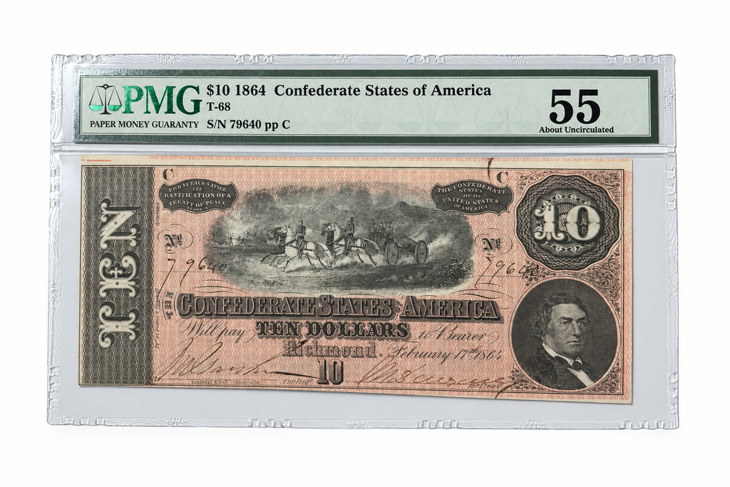 1864 Confederate States of America Banknote – PMG About Uncirculated 55