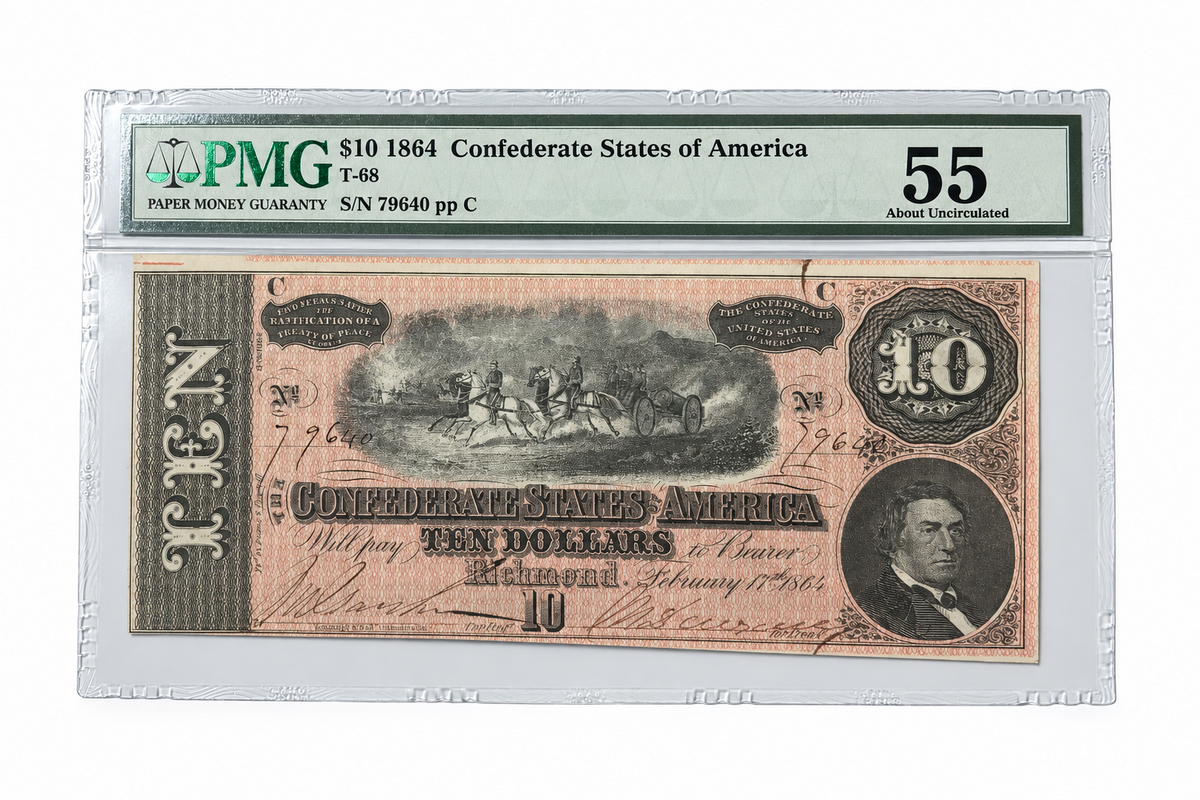 1864 Confederate States of America Banknote – PMG About Uncirculated 55