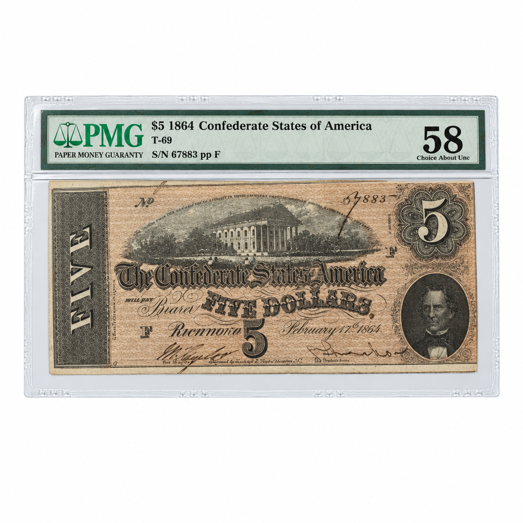 1864 Confederate States of America $5 – T-69 | PMG Choice About Uncirculated 58