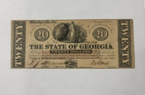 State of Georgia $20 Obsolete Banknote – Milledgeville, Ga. – Pre-Civil War